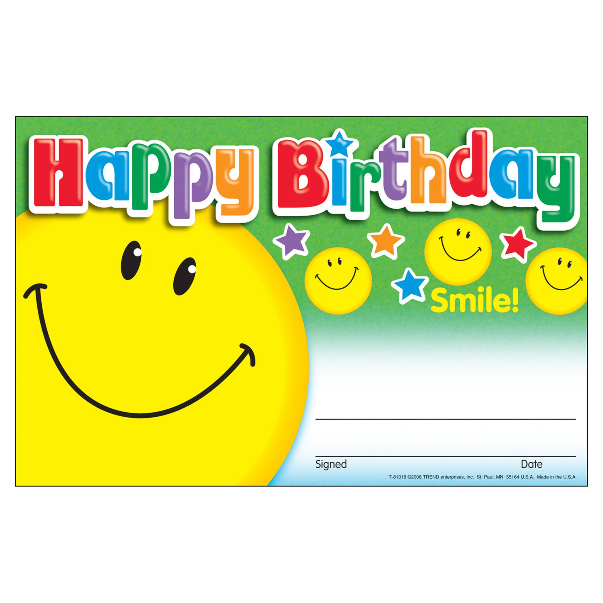 Trend Enterprises® Happy Birthday Smile Recognition Awards, 6 Packs of 30